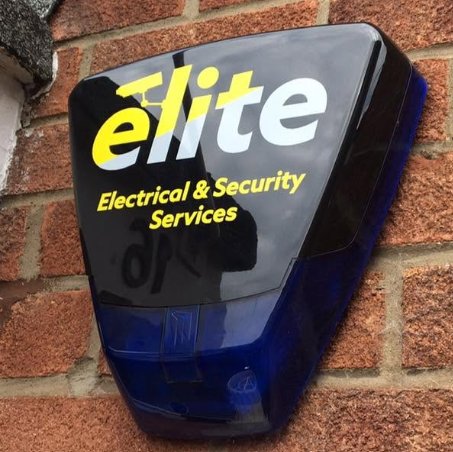An Elite-branded intruder alarm bell box on an outside wall